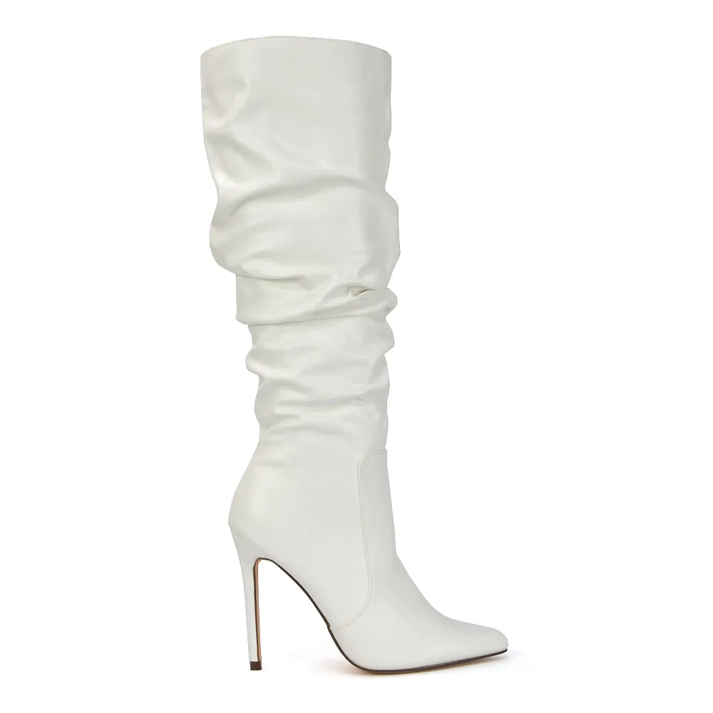 Milani Statement Ruched Pointed Toe Stiletto High Heel Knee High Boots in White Synthetic Leather