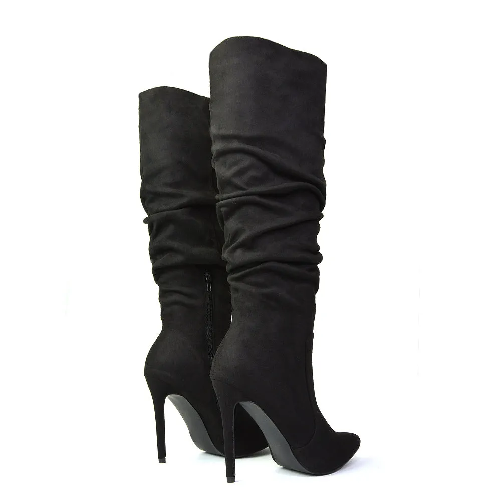 Milani Statement Ruched Pointed Toe Stiletto High Heel Knee High Boots in White Synthetic Leather