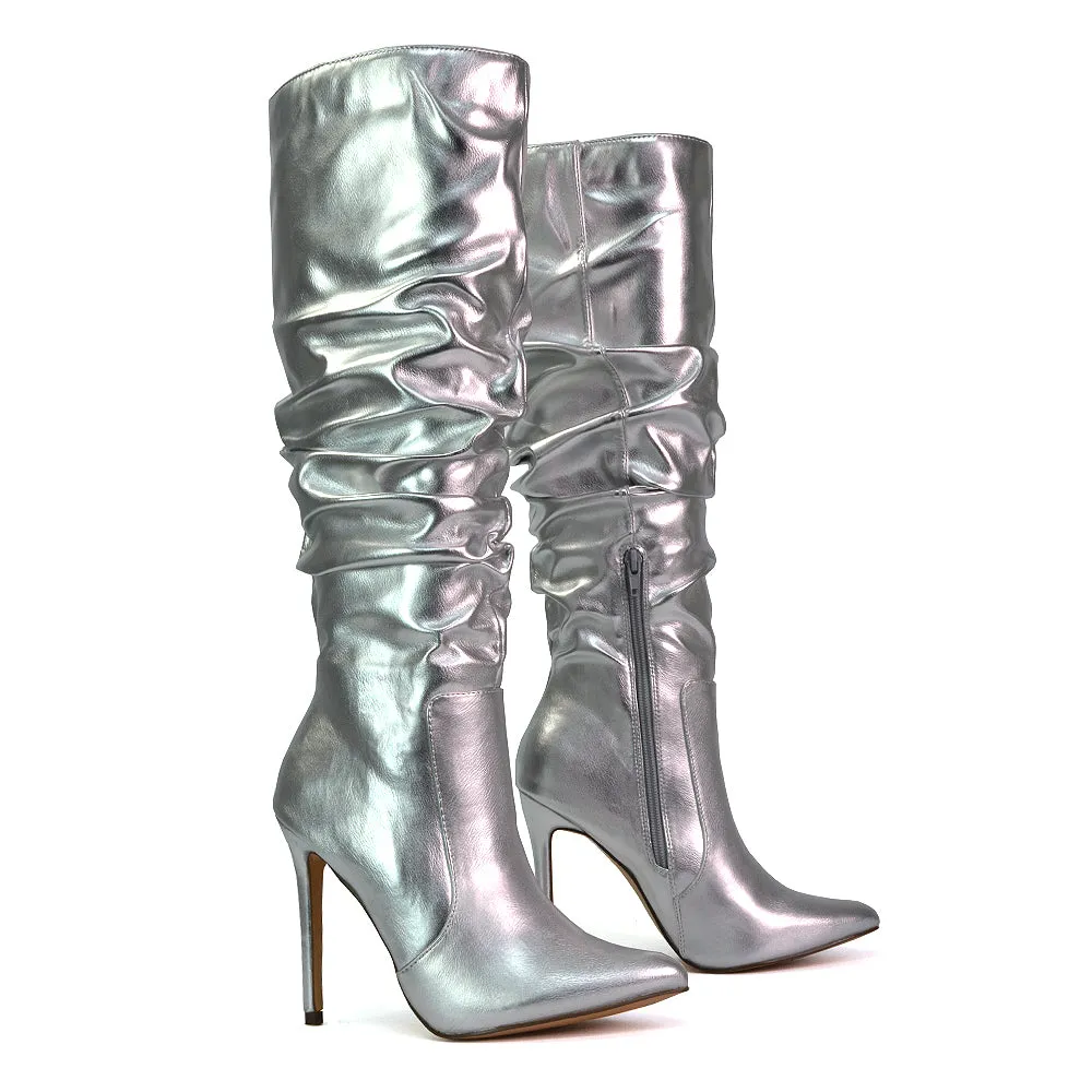 Milani Statement Ruched Pointed Toe Stiletto High Heel Knee High Boots in White Synthetic Leather