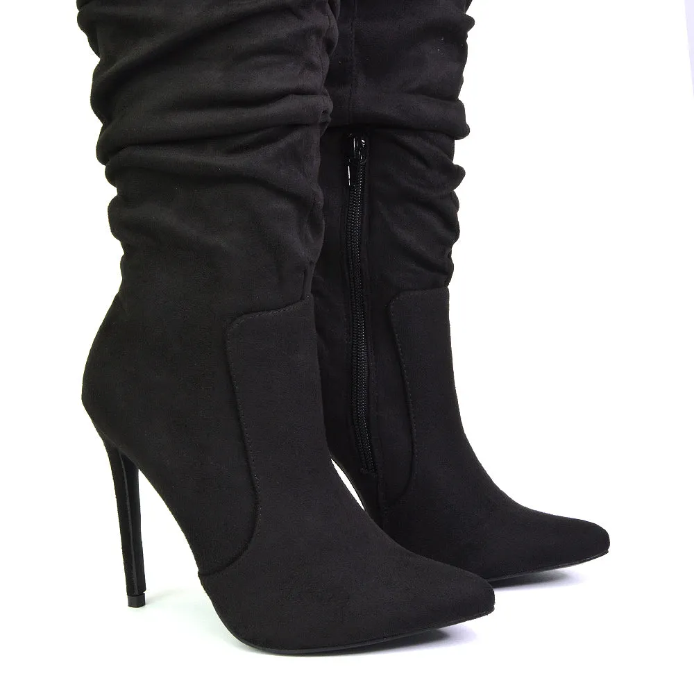 Milani Statement Ruched Pointed Toe Stiletto High Heel Knee High Boots in White Synthetic Leather