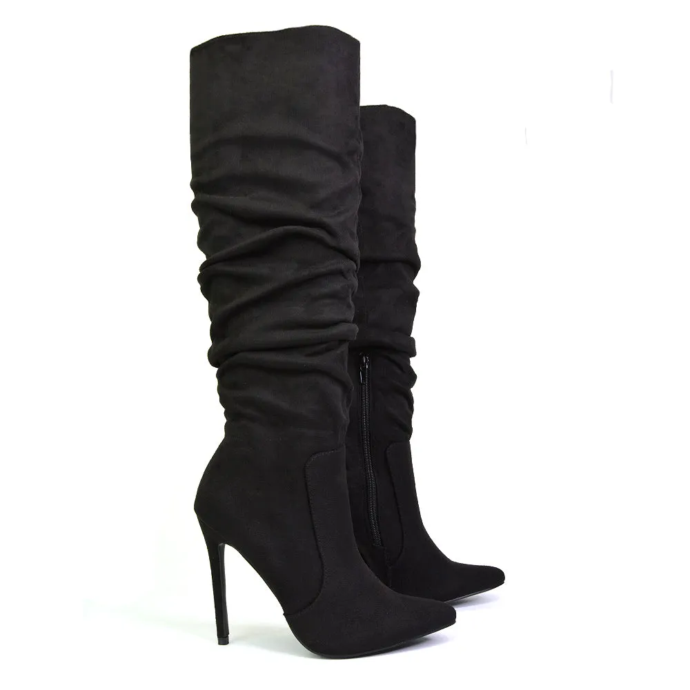 Milani Statement Ruched Pointed Toe Stiletto High Heel Knee High Boots in White Synthetic Leather