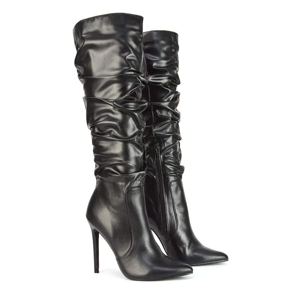 Milani Statement Ruched Pointed Toe Stiletto High Heel Knee High Boots in White Synthetic Leather