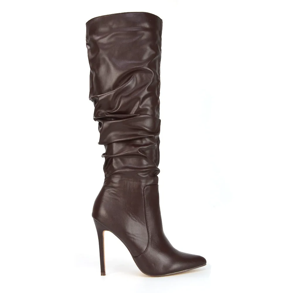 Milani Statement Ruched Pointed Toe Stiletto High Heel Knee High Boots in White Synthetic Leather