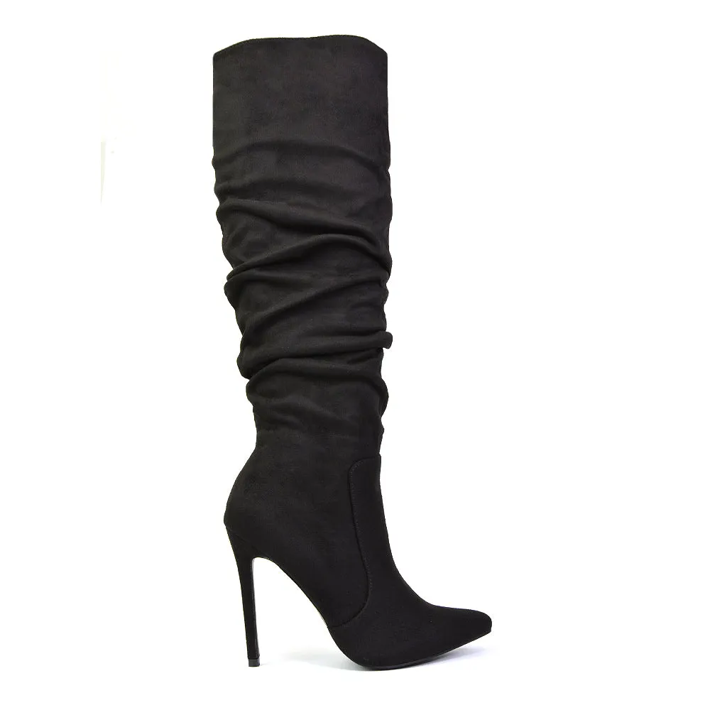 Milani Statement Ruched Pointed Toe Stiletto High Heel Knee High Boots in White Synthetic Leather
