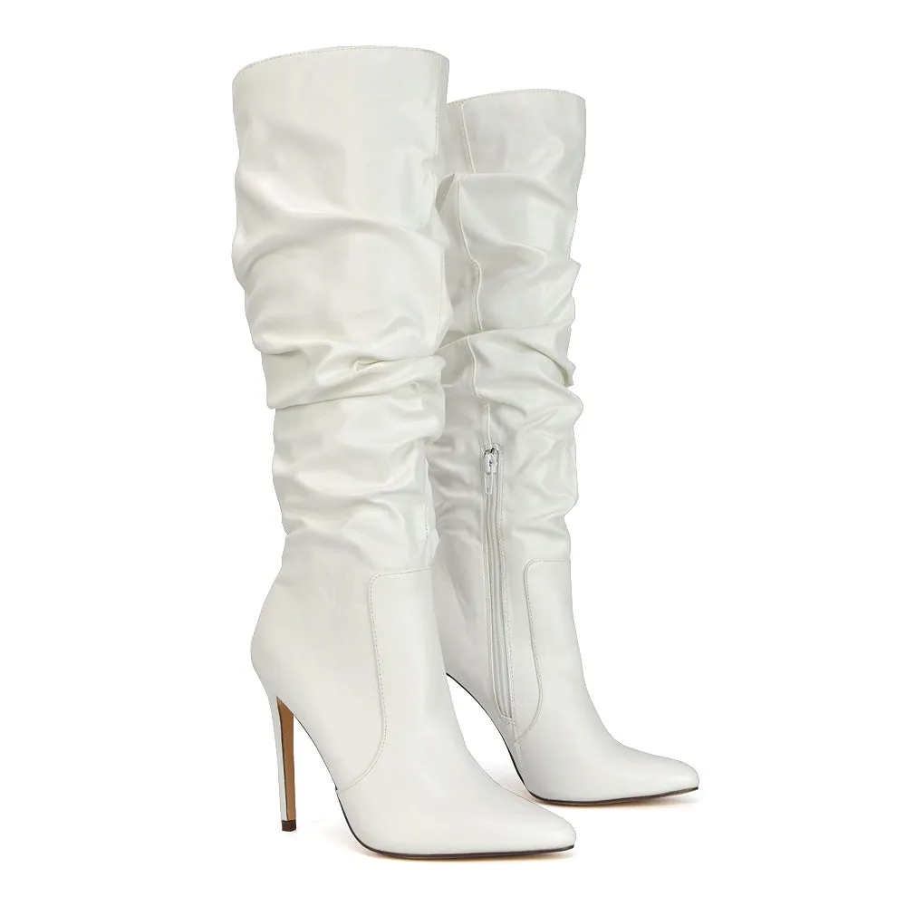 Milani Statement Ruched Pointed Toe Stiletto High Heel Knee High Boots in White Synthetic Leather