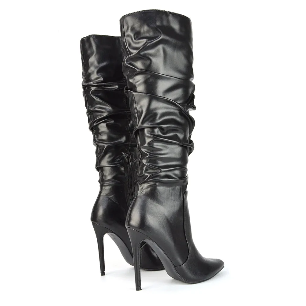 Milani Statement Ruched Pointed Toe Stiletto High Heel Knee High Boots in White Synthetic Leather
