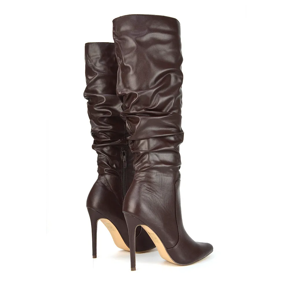 Milani Statement Ruched Pointed Toe Stiletto High Heel Knee High Boots in White Synthetic Leather
