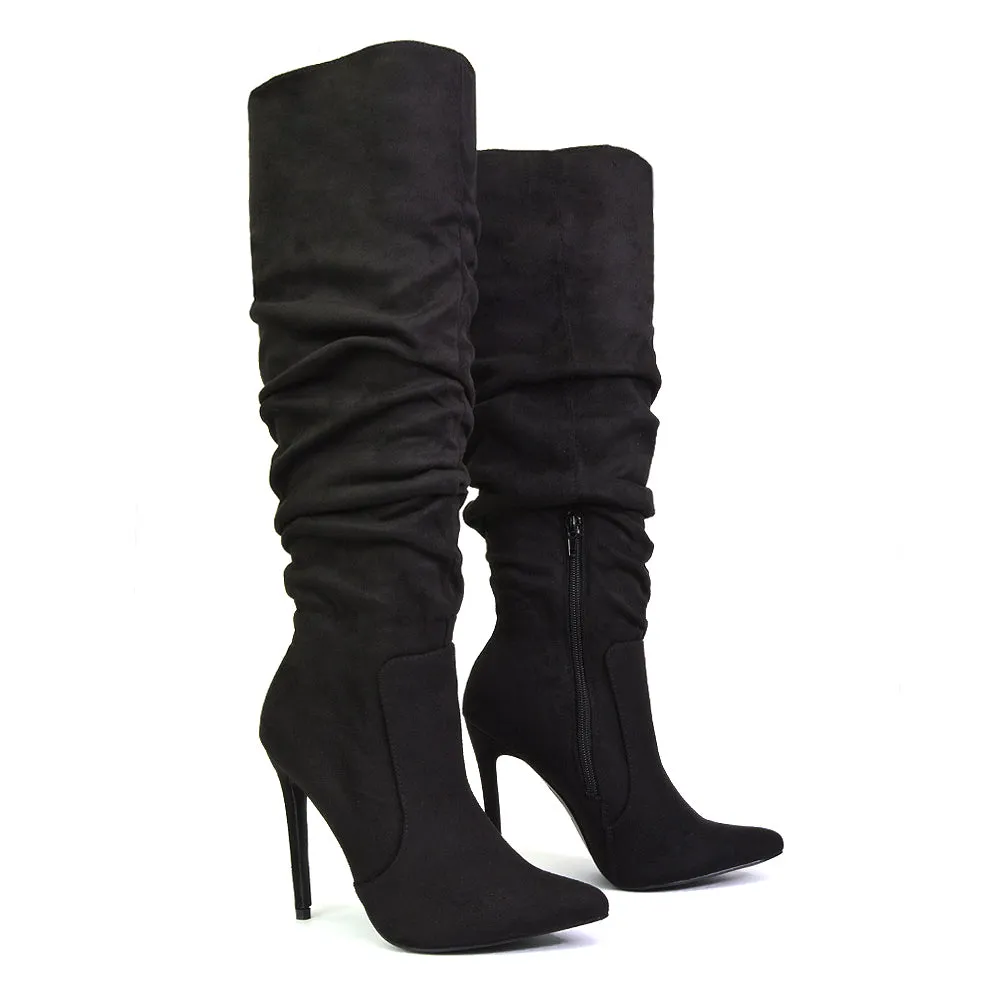 Milani Statement Ruched Pointed Toe Stiletto High Heel Knee High Boots in White Synthetic Leather