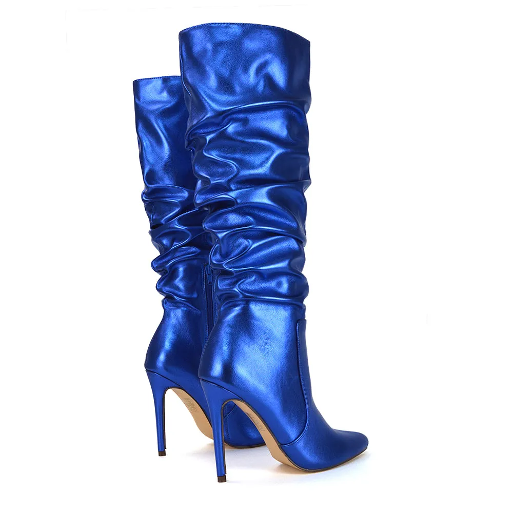 Milani Statement Ruched Pointed Toe Stiletto High Heel Knee High Boots in White Synthetic Leather