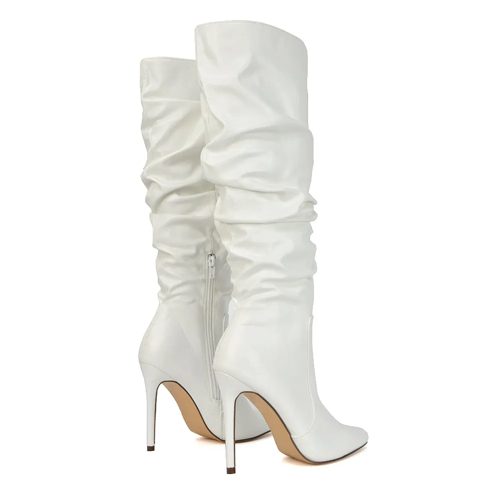 Milani Statement Ruched Pointed Toe Stiletto High Heel Knee High Boots in White Synthetic Leather