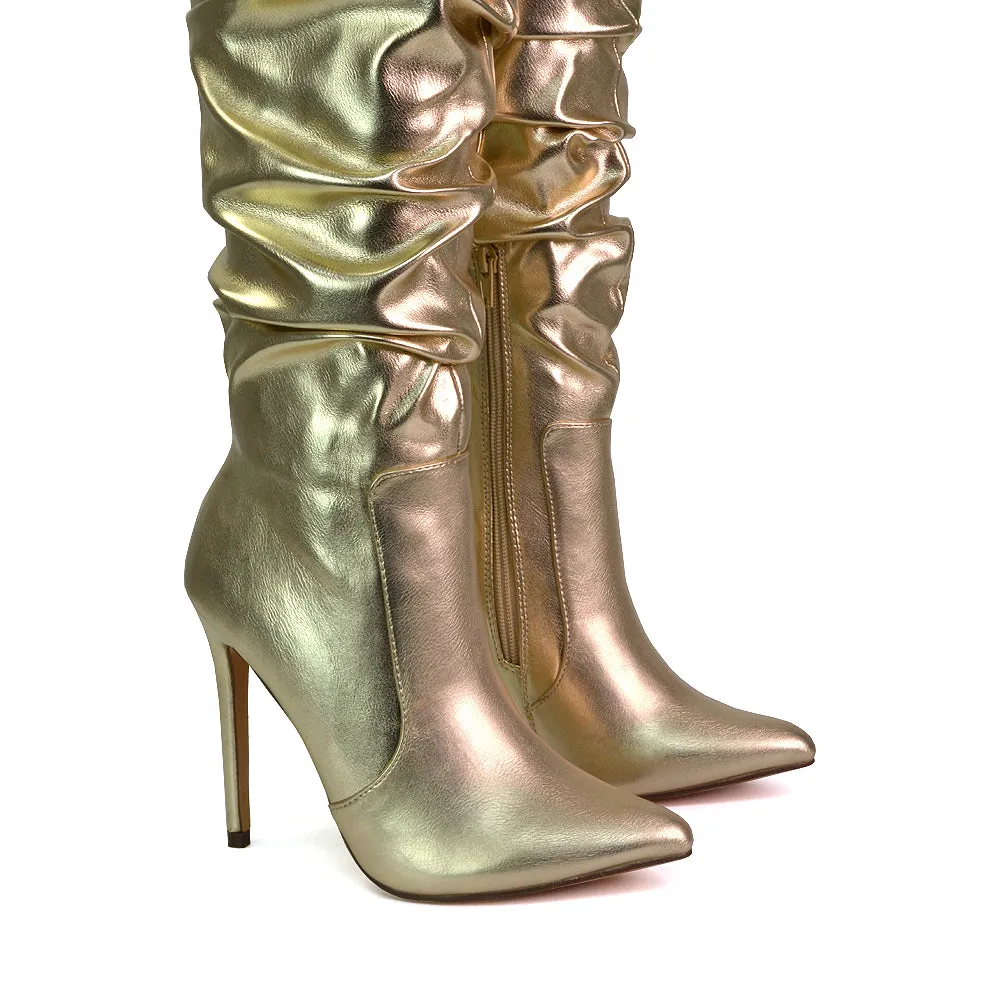 Milani Statement Ruched Pointed Toe Stiletto High Heel Knee High Boots in White Synthetic Leather