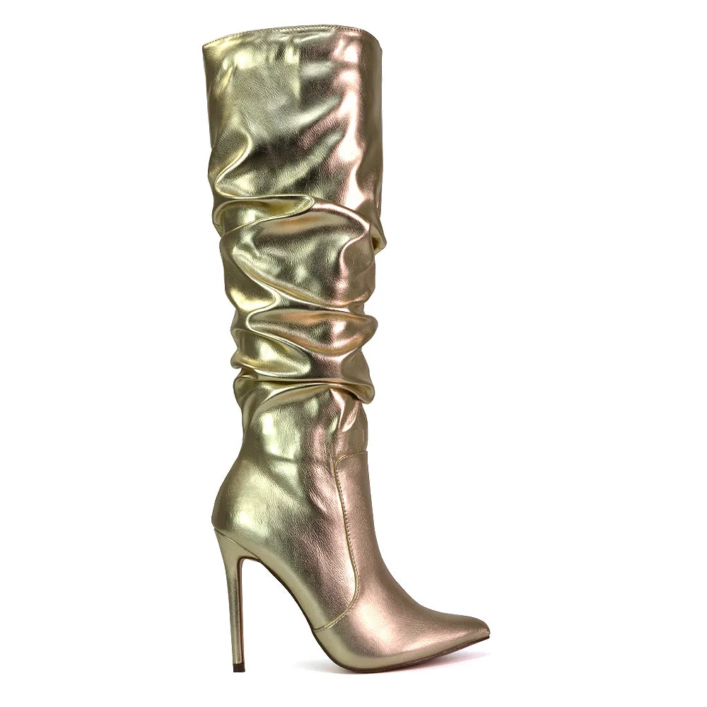 Milani Statement Ruched Pointed Toe Stiletto High Heel Knee High Boots in White Synthetic Leather