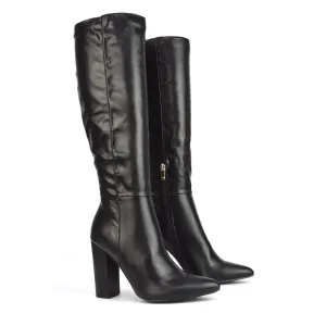 Opal Black Synthetic Leather Statement Knee High Pointed Toe Block Heeled Long Boots