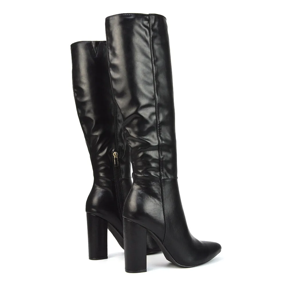 Opal Black Synthetic Leather Statement Knee High Pointed Toe Block Heeled Long Boots