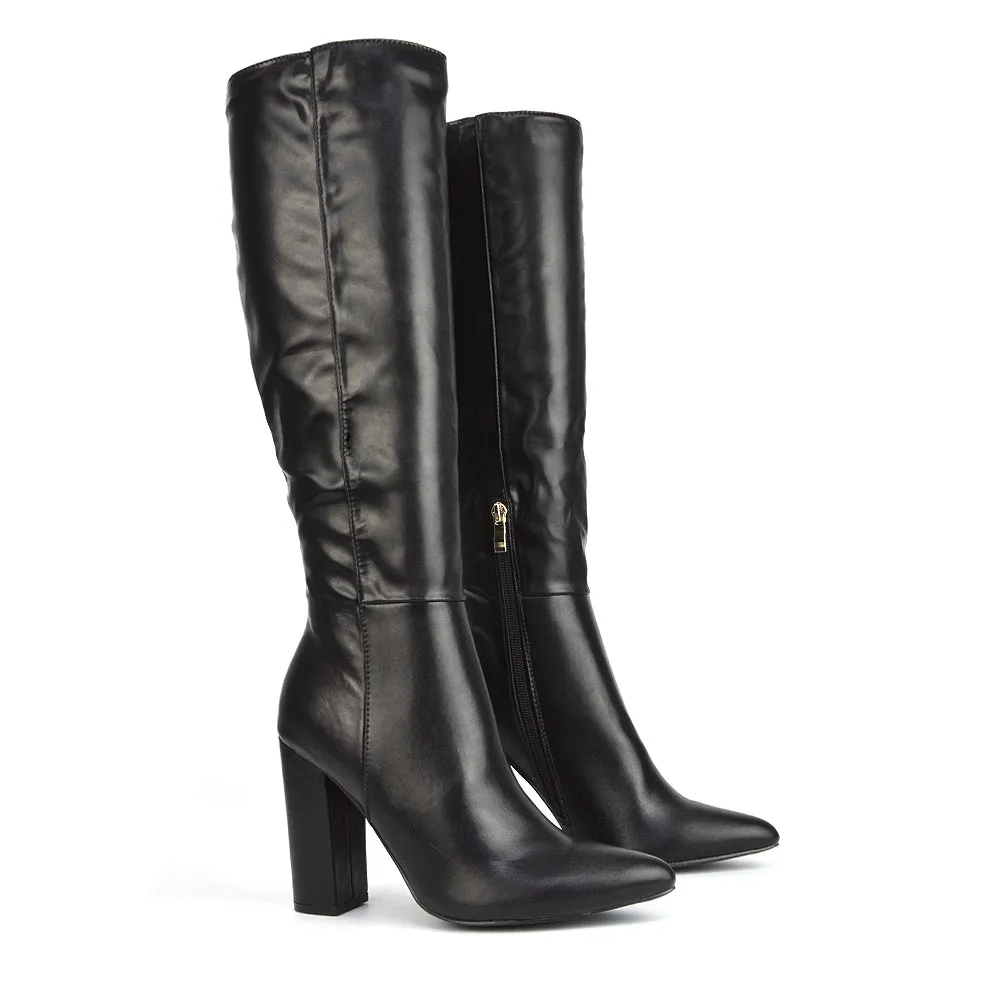 Opal Black Synthetic Leather Statement Knee High Pointed Toe Block Heeled Long Boots