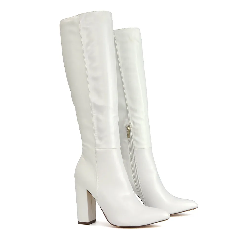 Opal Black Synthetic Leather Statement Knee High Pointed Toe Block Heeled Long Boots
