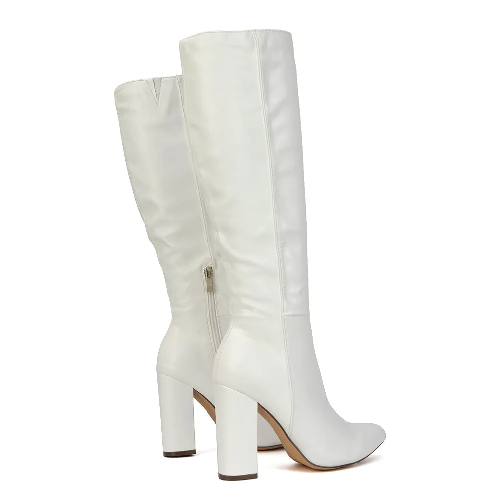 Opal Black Synthetic Leather Statement Knee High Pointed Toe Block Heeled Long Boots