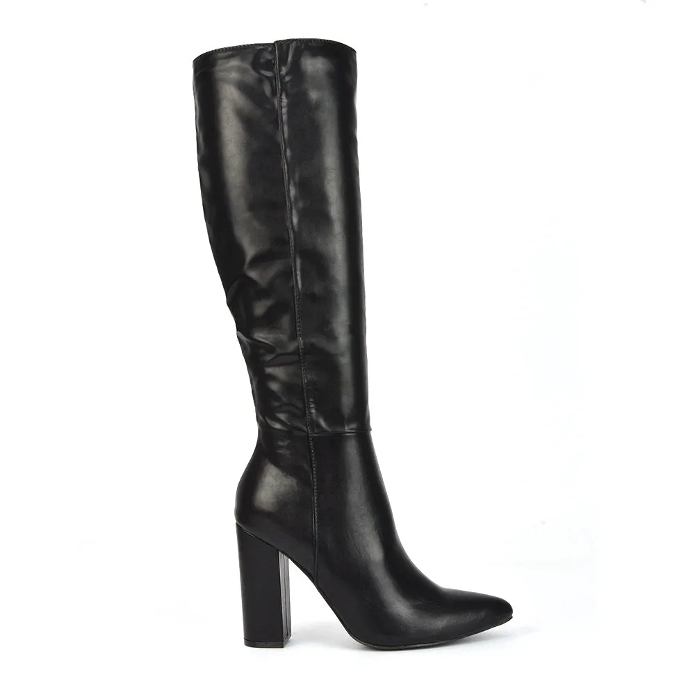 Opal Black Synthetic Leather Statement Knee High Pointed Toe Block Heeled Long Boots