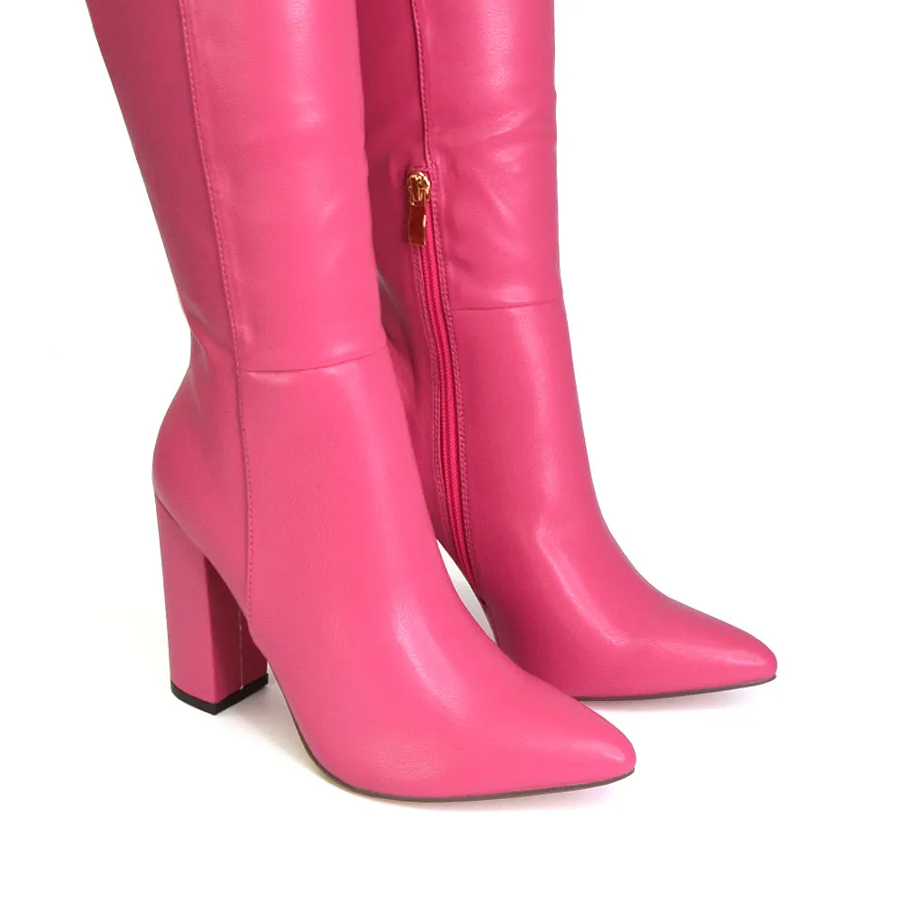 Opal Black Synthetic Leather Statement Knee High Pointed Toe Block Heeled Long Boots