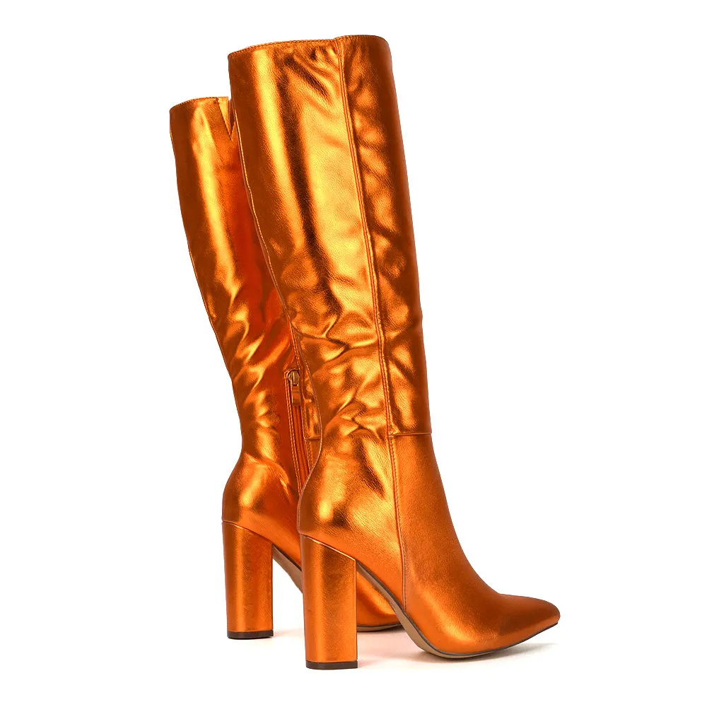 Opal Black Synthetic Leather Statement Knee High Pointed Toe Block Heeled Long Boots