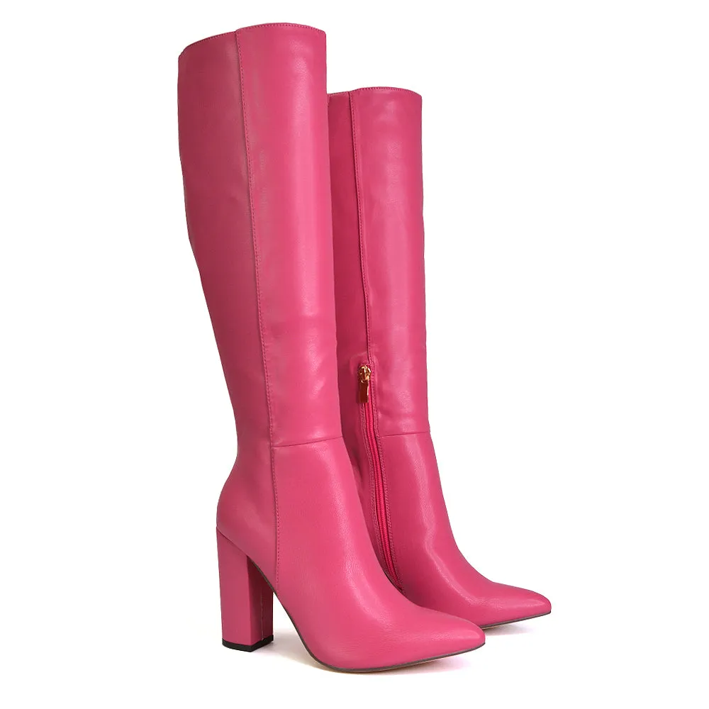 Opal Black Synthetic Leather Statement Knee High Pointed Toe Block Heeled Long Boots