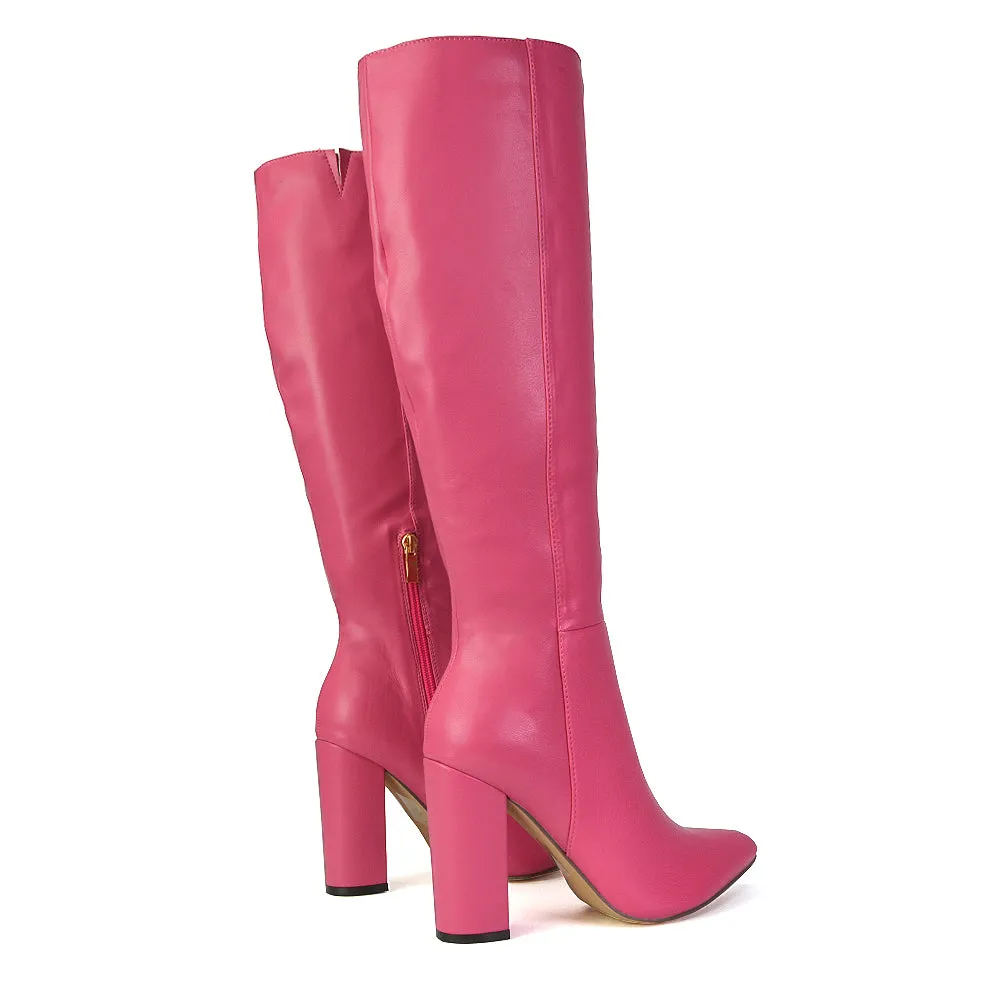 Opal Black Synthetic Leather Statement Knee High Pointed Toe Block Heeled Long Boots