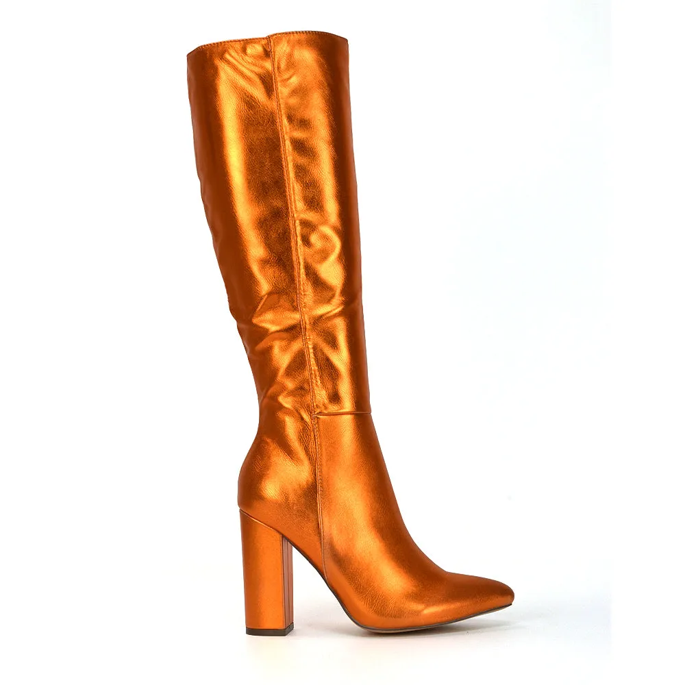 Opal Black Synthetic Leather Statement Knee High Pointed Toe Block Heeled Long Boots