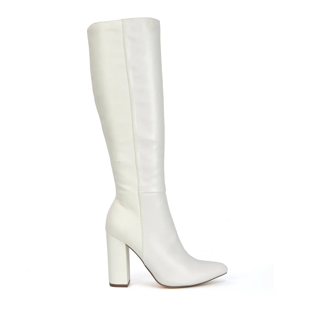 Opal Black Synthetic Leather Statement Knee High Pointed Toe Block Heeled Long Boots
