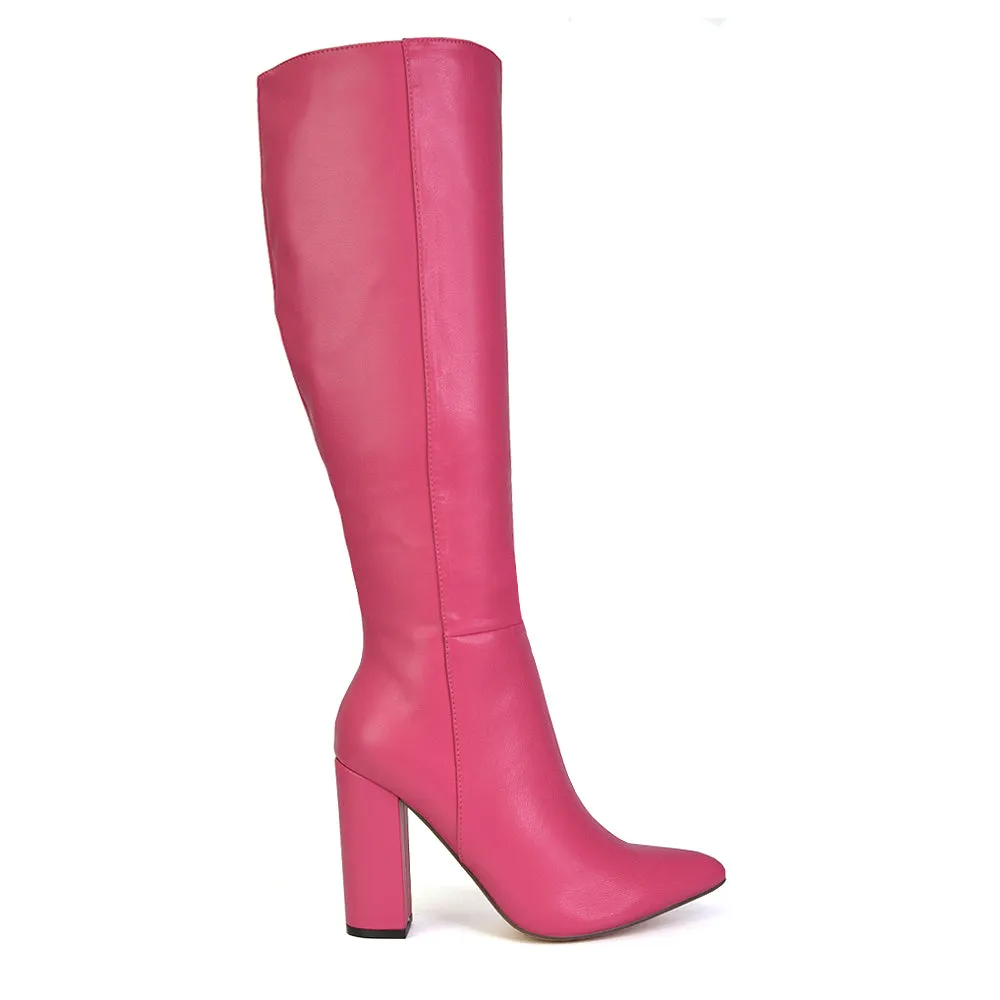 Opal Black Synthetic Leather Statement Knee High Pointed Toe Block Heeled Long Boots