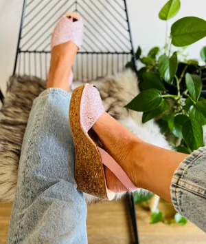 Petal Pink Glitter Cork Wedge