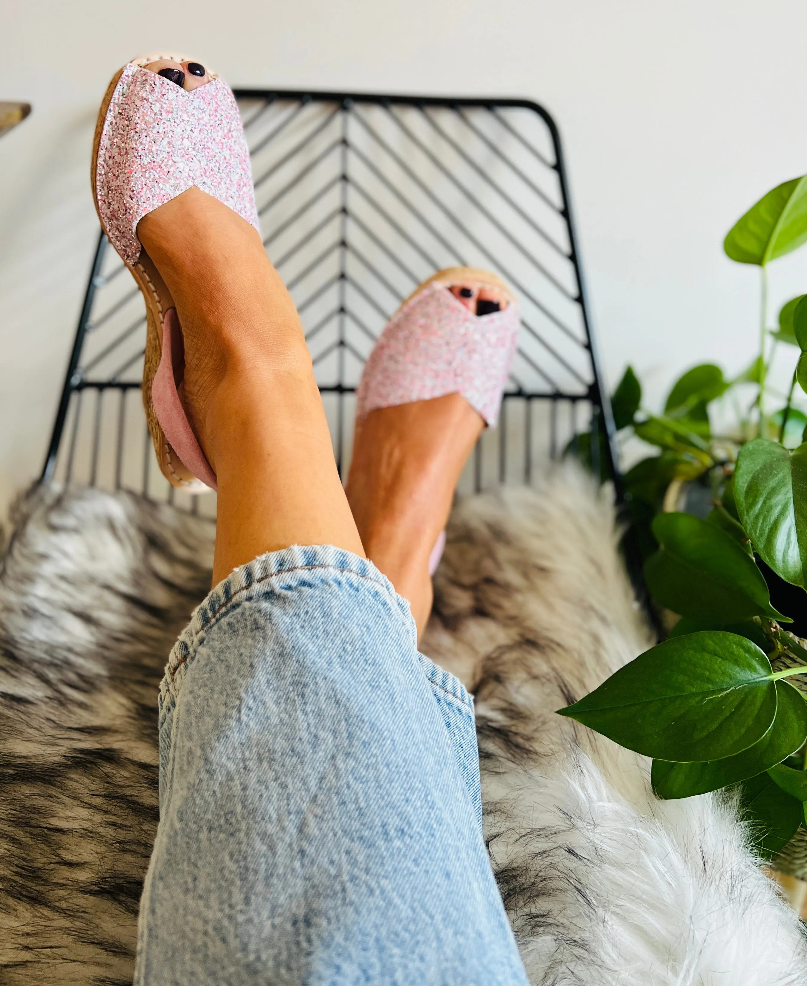 Petal Pink Glitter Cork Wedge