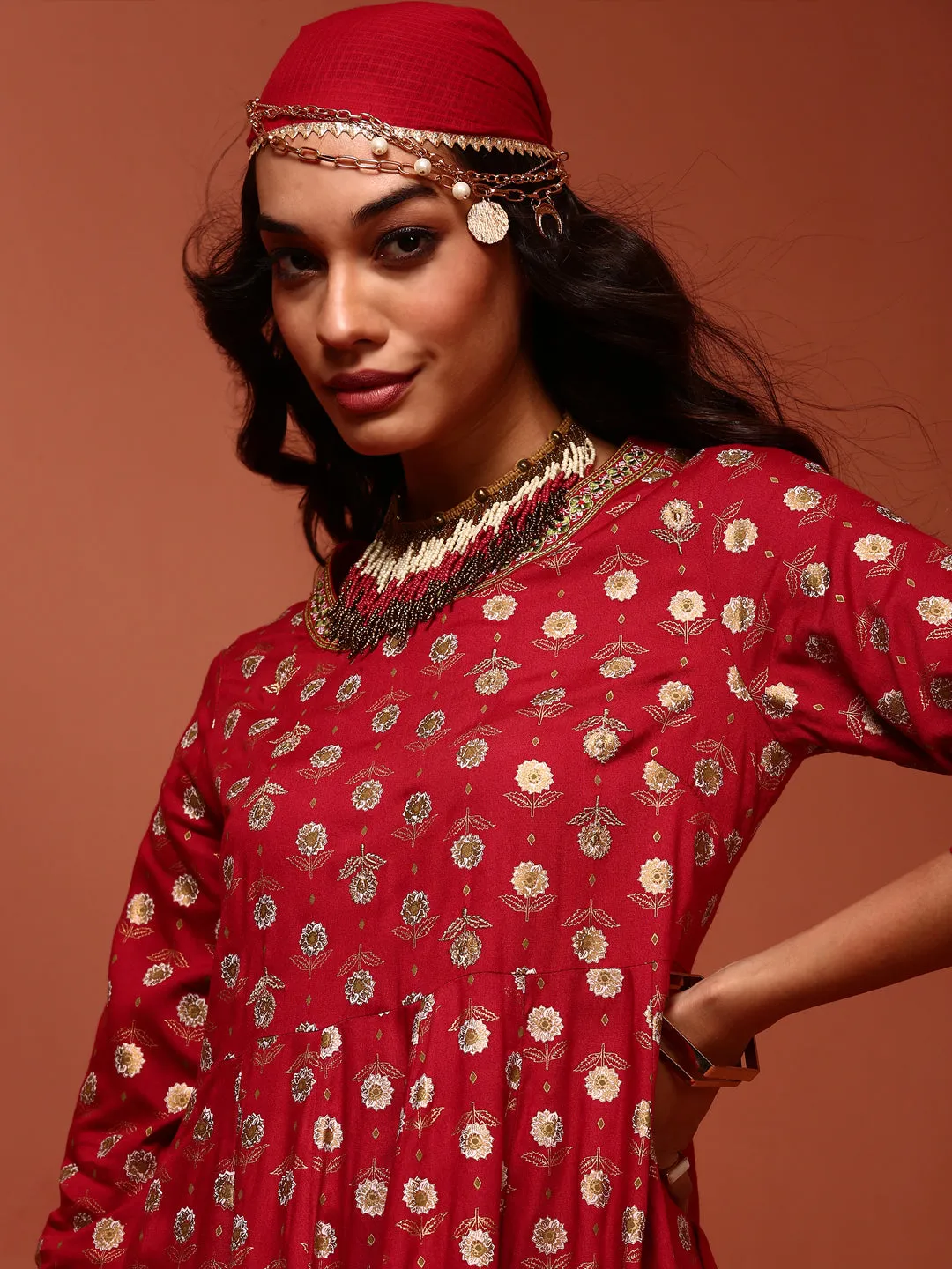 Red Printed Rayon Kalidar Kurta Set