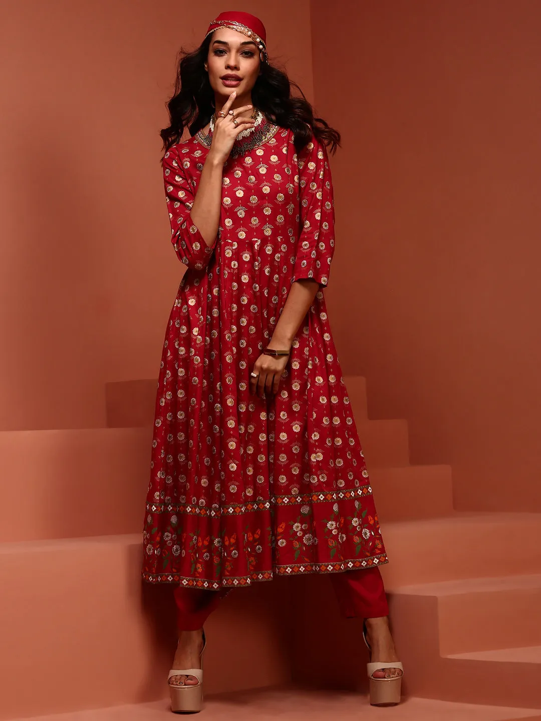 Red Printed Rayon Kalidar Kurta Set