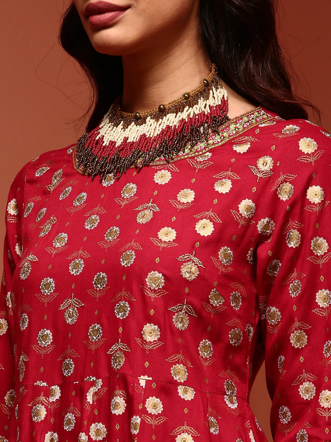 Red Printed Rayon Kalidar Kurta Set