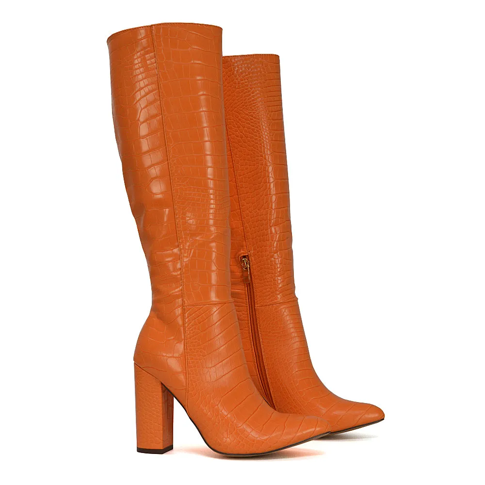 Rhode Pointed Toe Long Party Statement Zip-up Block High Heel Knee High Boots in White
