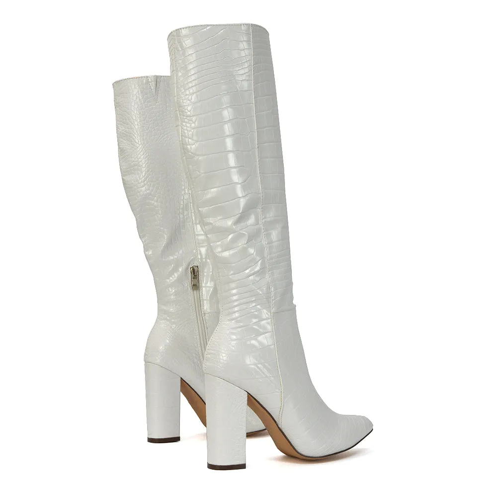 Rhode Pointed Toe Long Party Statement Zip-up Block High Heel Knee High Boots in White