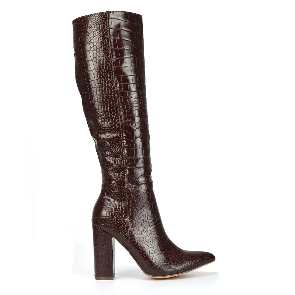 Rhode Pointed Toe Long Party Statement Zip-up Block High Heel Knee High Boots in White