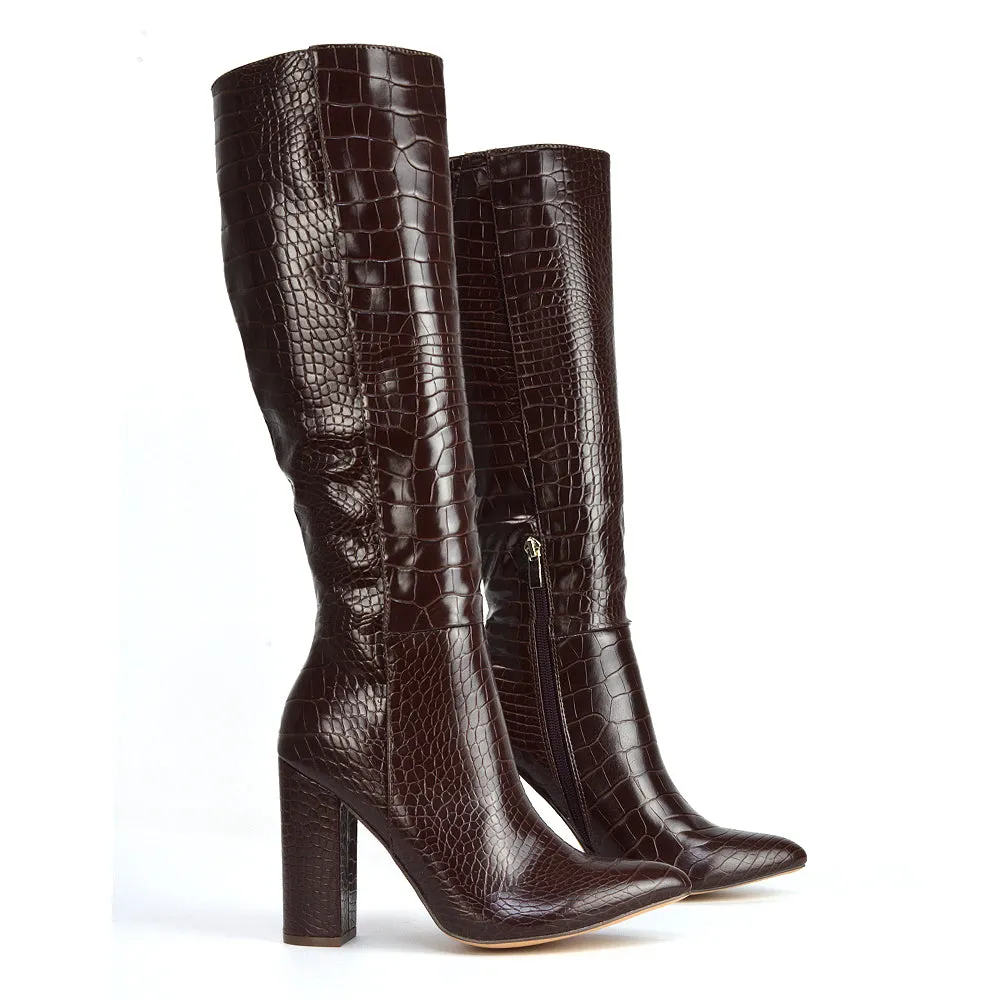 Rhode Pointed Toe Long Party Statement Zip-up Block High Heel Knee High Boots in White