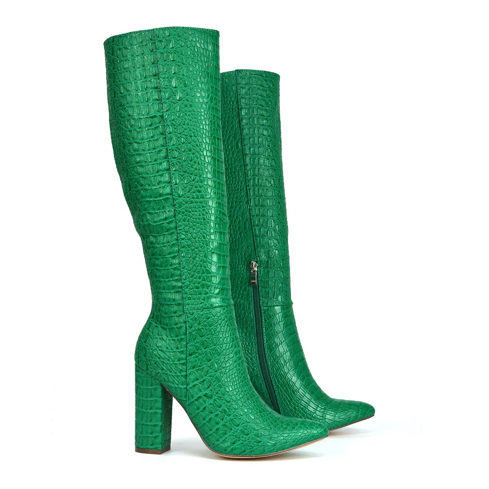 Rhode Pointed Toe Long Party Statement Zip-up Block High Heel Knee High Boots in White