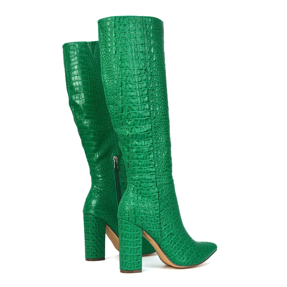 Rhode Pointed Toe Long Party Statement Zip-up Block High Heel Knee High Boots in White
