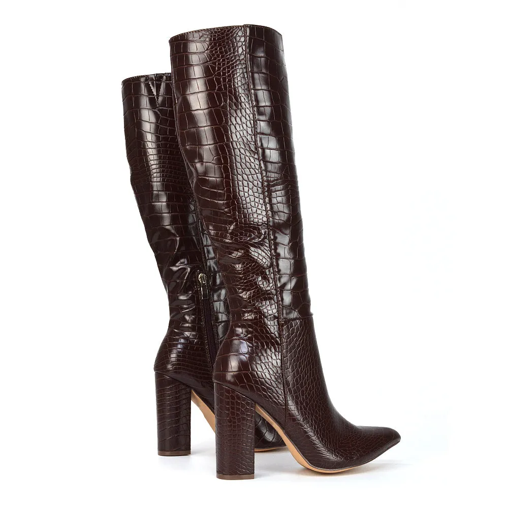 Rhode Pointed Toe Long Party Statement Zip-up Block High Heel Knee High Boots in White