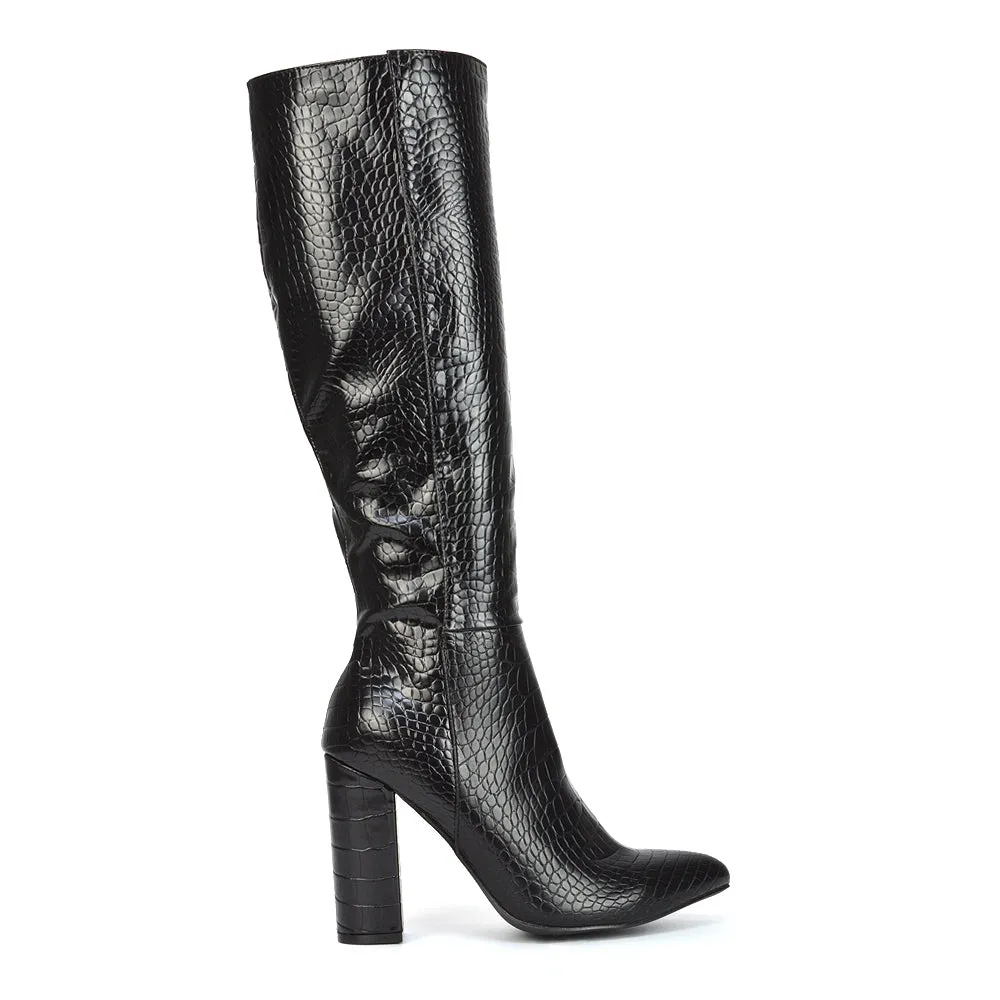 Rhode Pointed Toe Long Party Statement Zip-up Block High Heel Knee High Boots in White