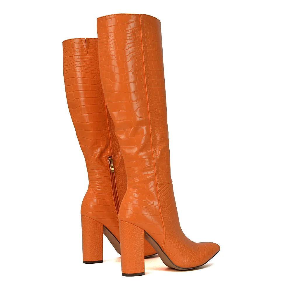 Rhode Pointed Toe Long Party Statement Zip-up Block High Heel Knee High Boots in White