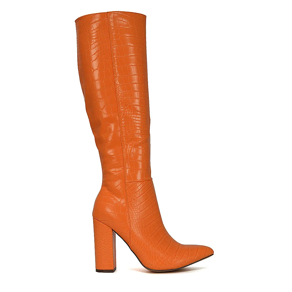 Rhode Pointed Toe Long Party Statement Zip-up Block High Heel Knee High Boots in White
