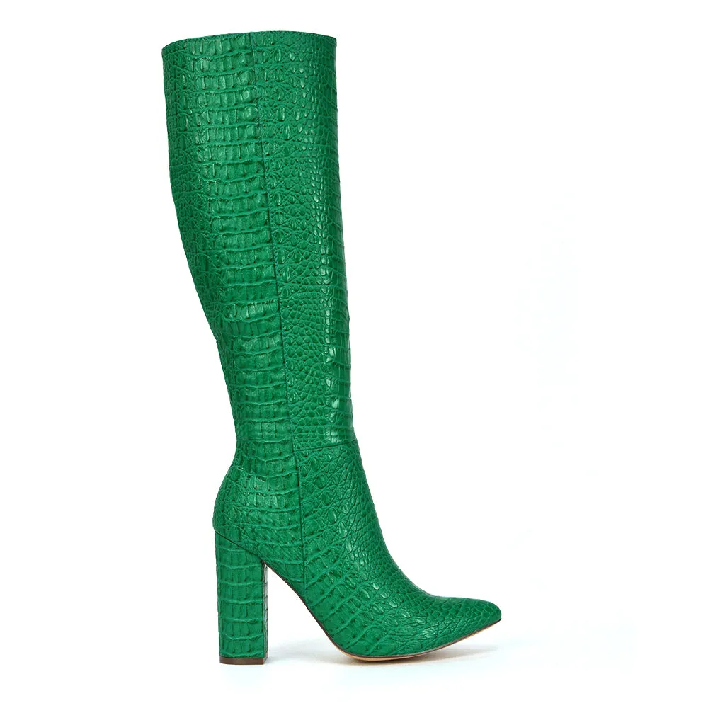Rhode Pointed Toe Long Party Statement Zip-up Block High Heel Knee High Boots in White