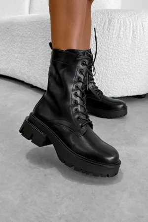 RUCKUS Chunky Military Ankle Boots - Black PU