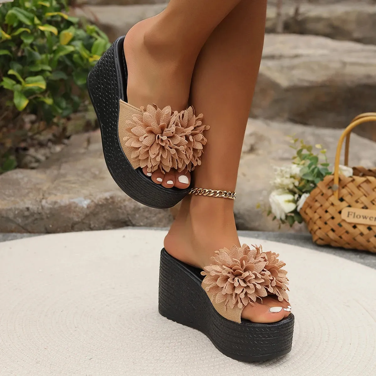 Sohiwoo Luxury Sandals Women Designers Wedges Sandals Women Slippers Summer Beach Platform Shoes Flower Women High Heel Slippers Fashion