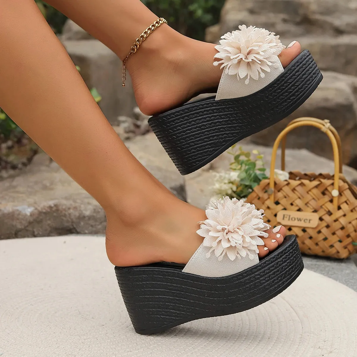 Sohiwoo Luxury Sandals Women Designers Wedges Sandals Women Slippers Summer Beach Platform Shoes Flower Women High Heel Slippers Fashion