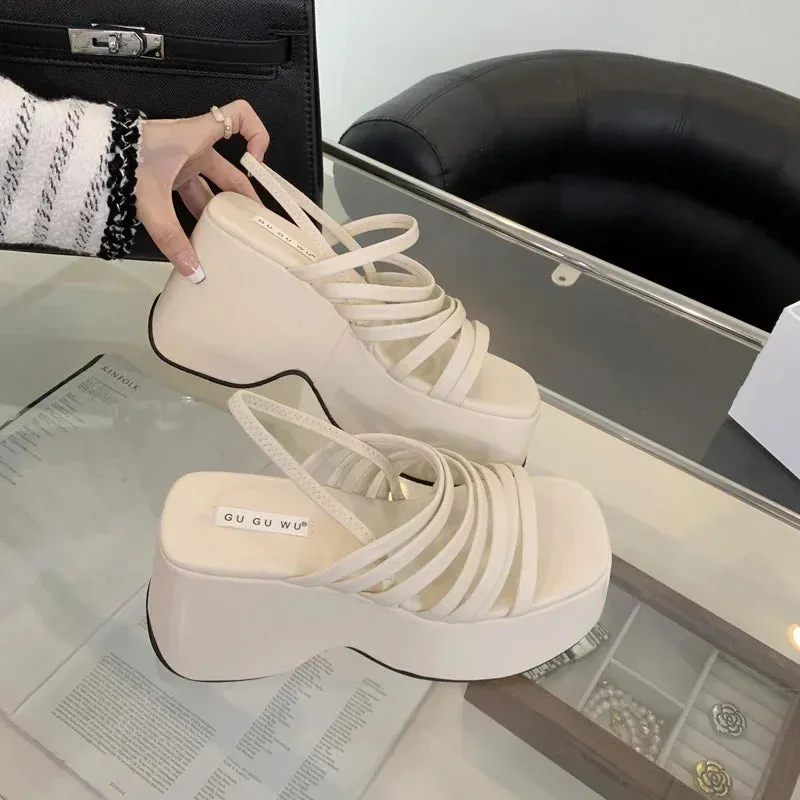 Sohiwoo Silver Wedge Sandals Women Platform Shoes Black Belt High Heels Gladiator Chunky Heeled  Summer Wedges Zapatos De Mujer