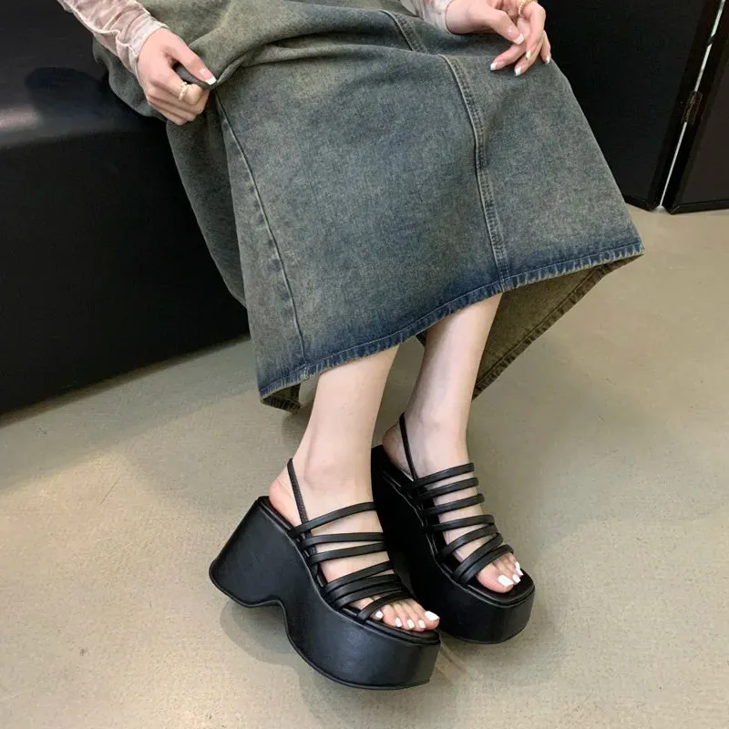 Sohiwoo Silver Wedge Sandals Women Platform Shoes Black Belt High Heels Gladiator Chunky Heeled  Summer Wedges Zapatos De Mujer